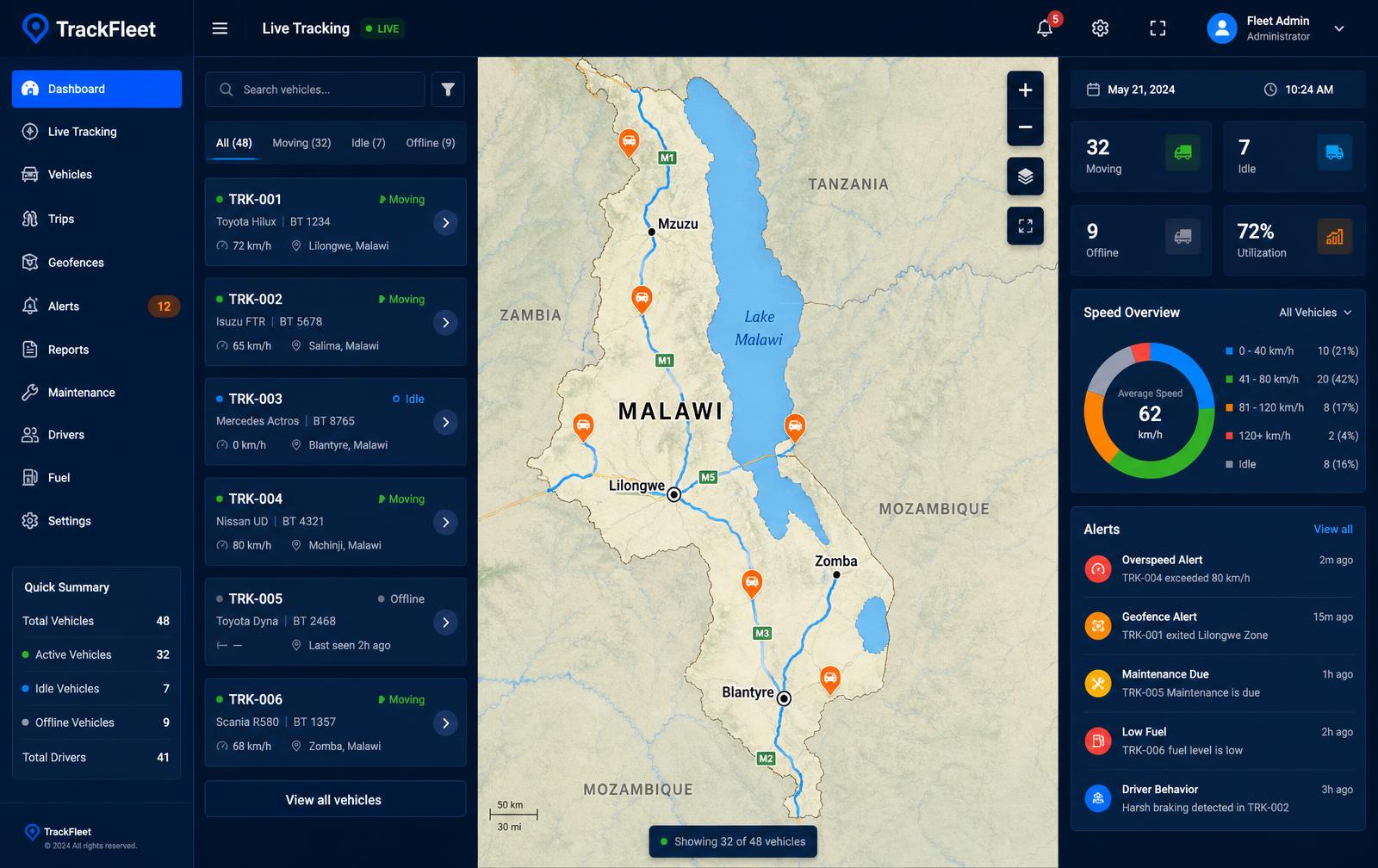 Trac24 live tracking dashboard showing a map with vehicle pins and fleet statistics