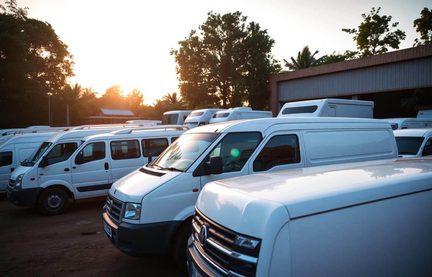 Fleet of white vans parked at a depot in Malawi at sunrise