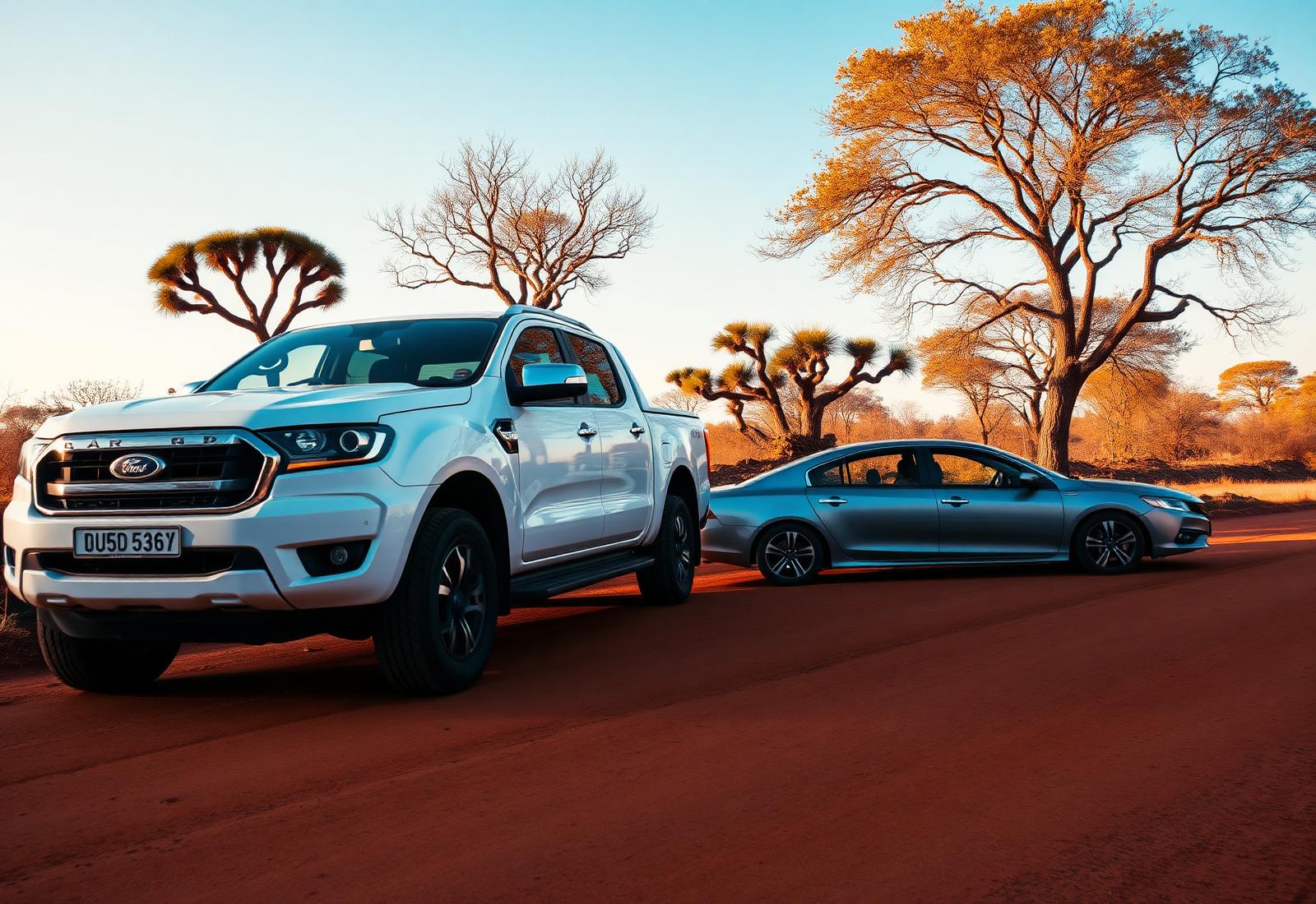 Pickup truck and sedan on a road outside Lilongwe, Malawi