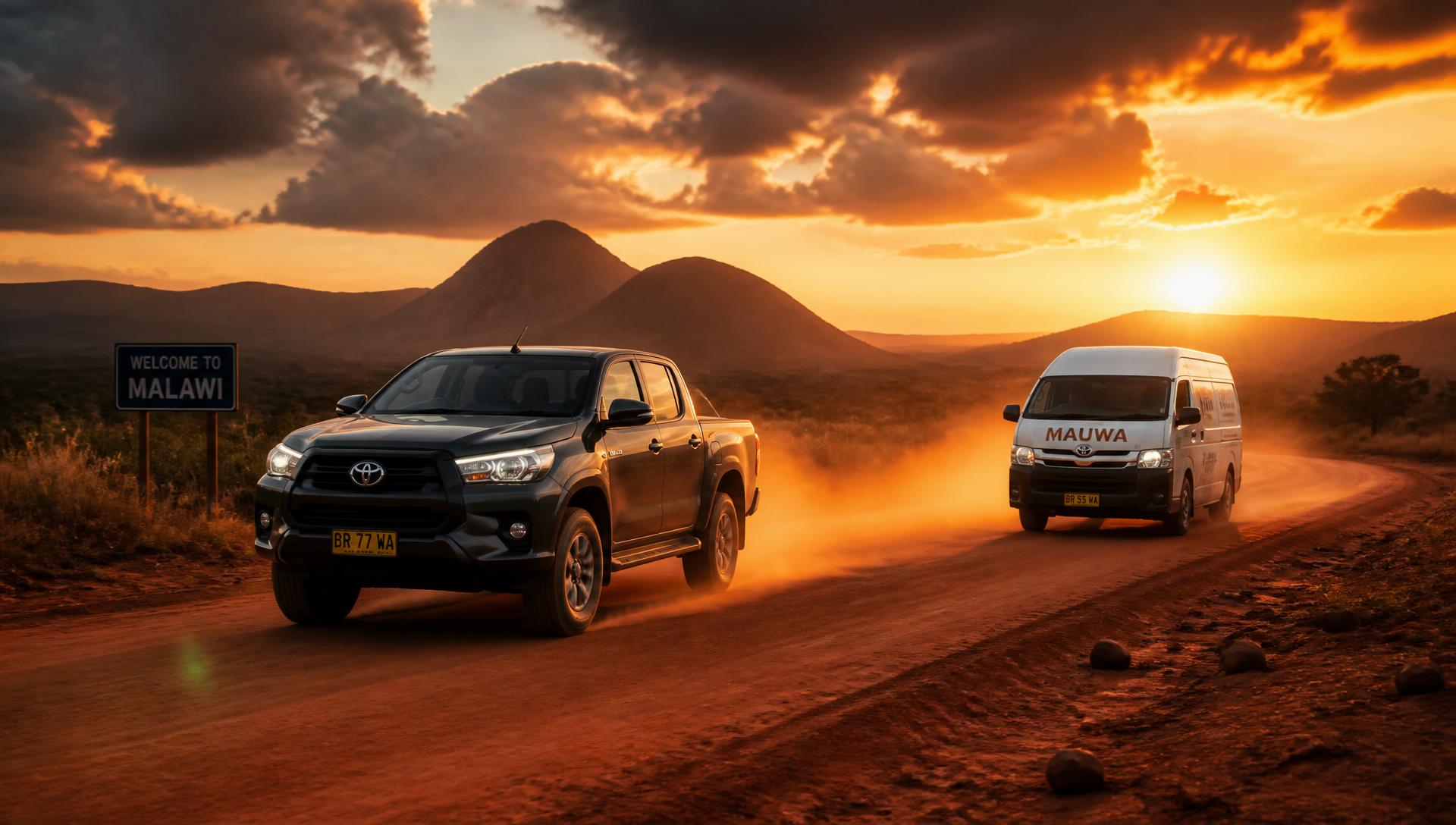 A pickup truck and delivery van driving at sunset on a Malawian highway